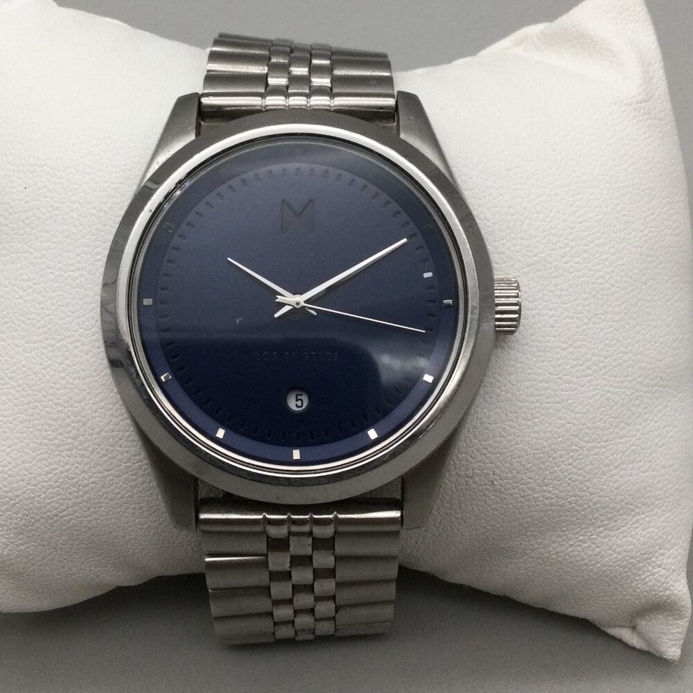 MVMT Rise Bristol Watch Men 38mm Silver Tone Blue Dial Date New Battery 7.25"